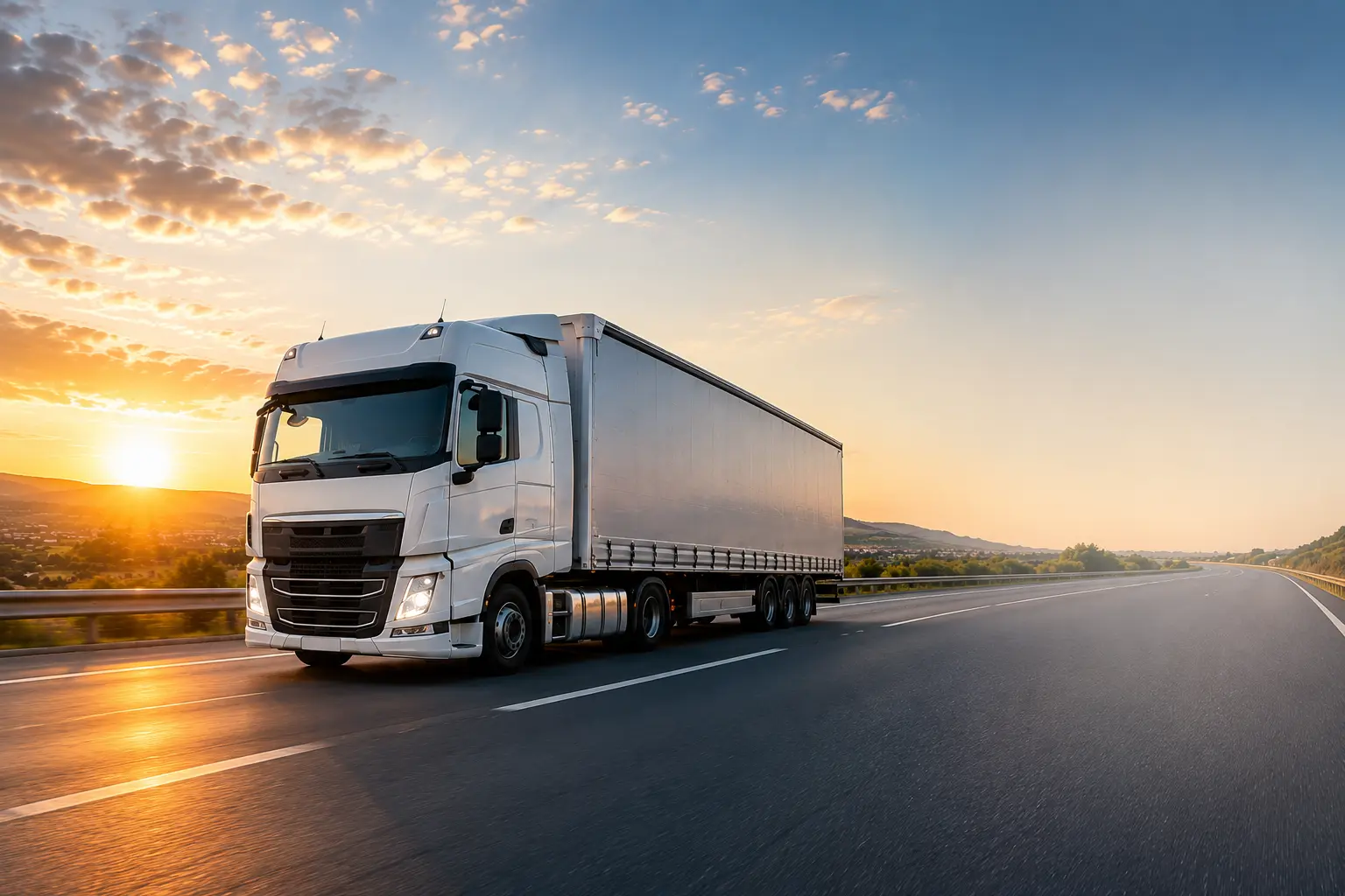 Camion bianco su un'autostrada al tramonto